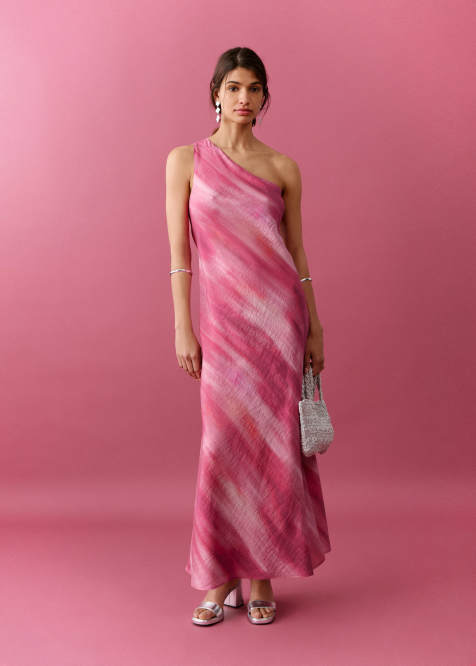 Mango - Teen - Maxi jurk met blote schouder en asymmetrische zoom in roze print - view 1