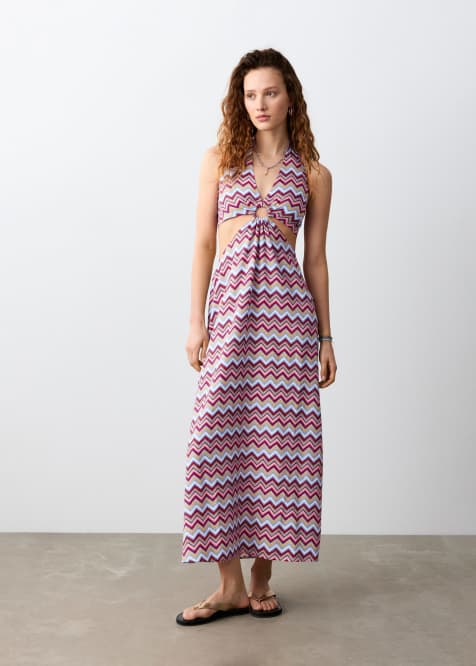 Mango - Teen - Maxi jurk met halternek, uitsnijding en zigzagprint - view 1