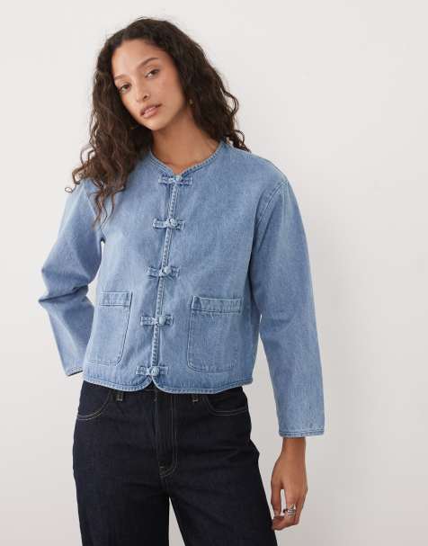 Mango – Teen – Mellanblå jeansjacka i 100% bomull utan krage - view 1