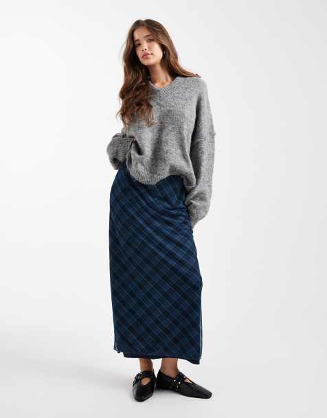 Mango Teen mesh maxi skirt in blue check print  - view 1
