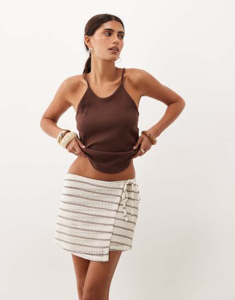 Mango Teen - Minigonna beige a righe con laccetti laterali in coordinato - view 1
