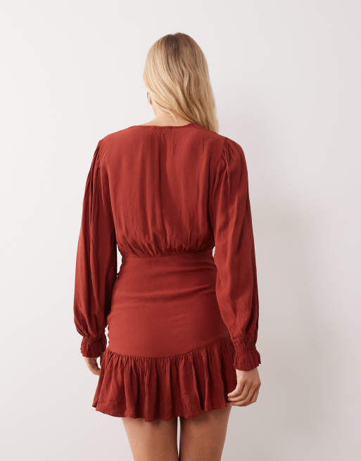 Mango Teen Minikleid mit Raffung und langen Ärmeln in Dunkelrot, 4 von 4