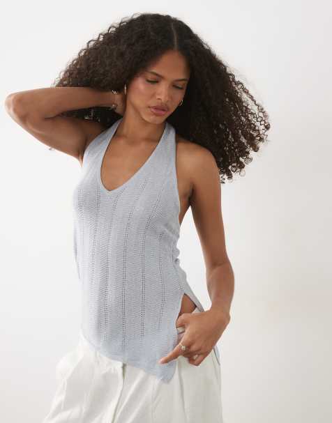 Mango – Teen – Neckholder-Oberteil aus Strick in Silber mit asymmetrischem Saum - view 1