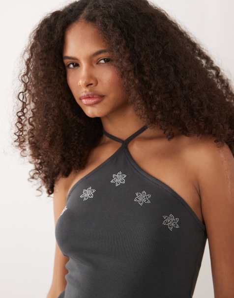 Mango – Teen – Neckholder-Oberteil in Grau mit Verzierung - view 1