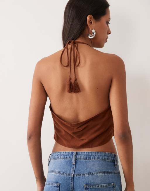 Mango Teen Neckholder-Top mit Stickerei und Quastendetail in Honig, 4 von 4