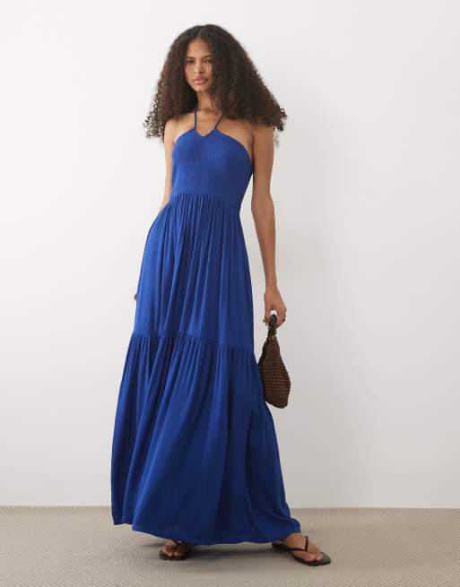 Mango Teen – Niebieska, warstwowa sukienka maxi z dekoltem halter, 2 z 4