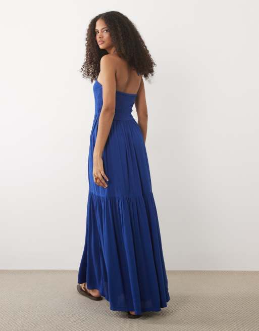 Mango Teen – Niebieska, warstwowa sukienka maxi z dekoltem halter, 4 z 4