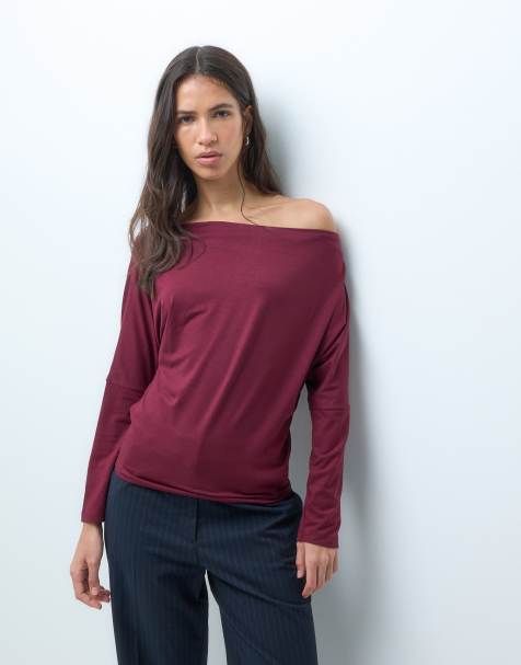 Mango Teen off shoulder long sleeve t-shirt in burgundy