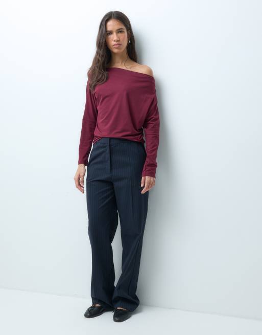 Mango Teen off shoulder long sleeve t-shirt in burgundy, 4 of 4