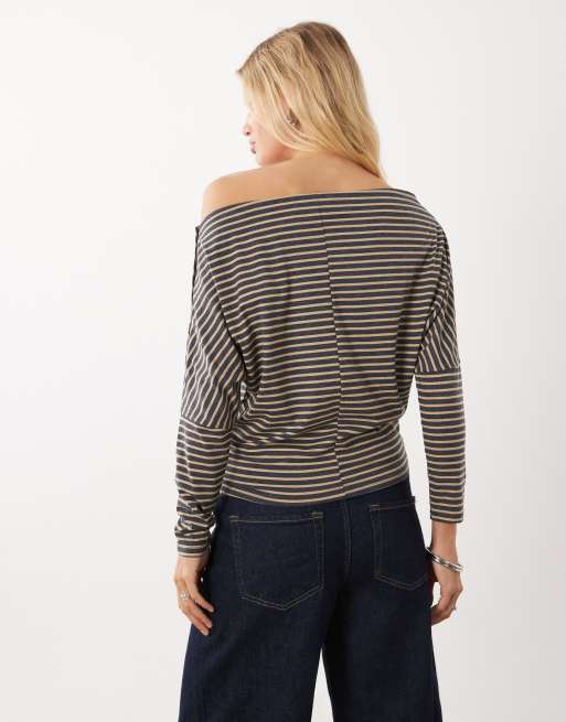 Mango Teen off shoulder long sleeve t-shirt in navy and yellow stripe print, 4 of 4