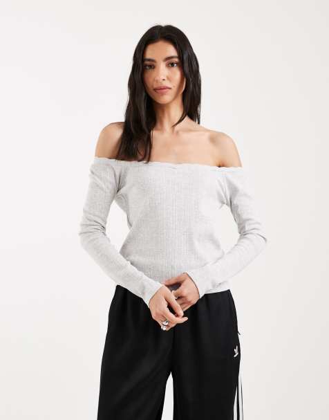 Mango Teen off shoulder long sleeve top in light grey