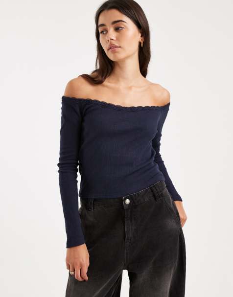 Mango Teen off shoulder long sleeve top in navy - view 1