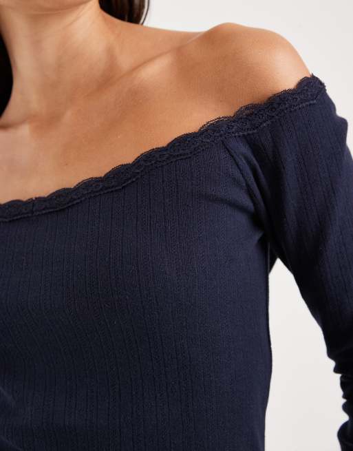Mango Teen off shoulder long sleeve top in navy, 2 of 4