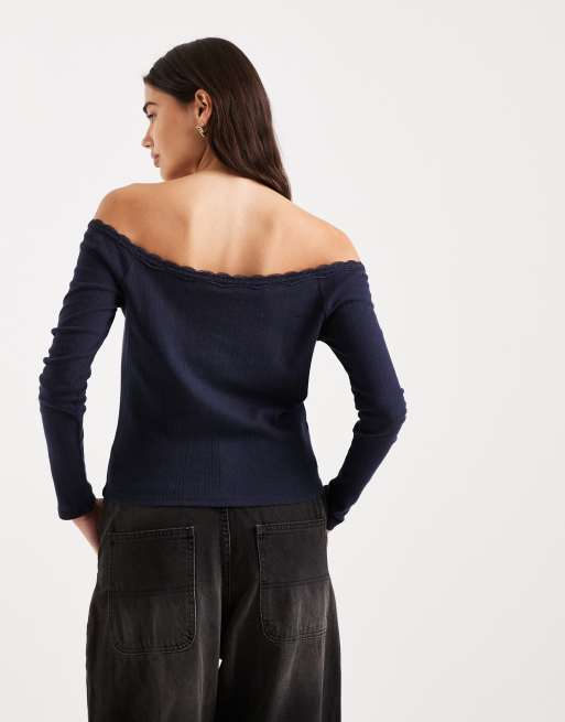 Mango Teen off shoulder long sleeve top in navy, 3 of 4