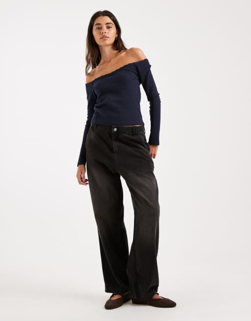 Mango Teen off shoulder long sleeve top in navy, 4 of 4