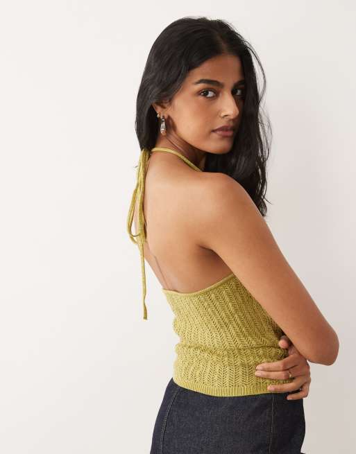 Mango – Teen – Oliwkowozielony dzianinowy top z dekoltem typu halter, 4 z 4