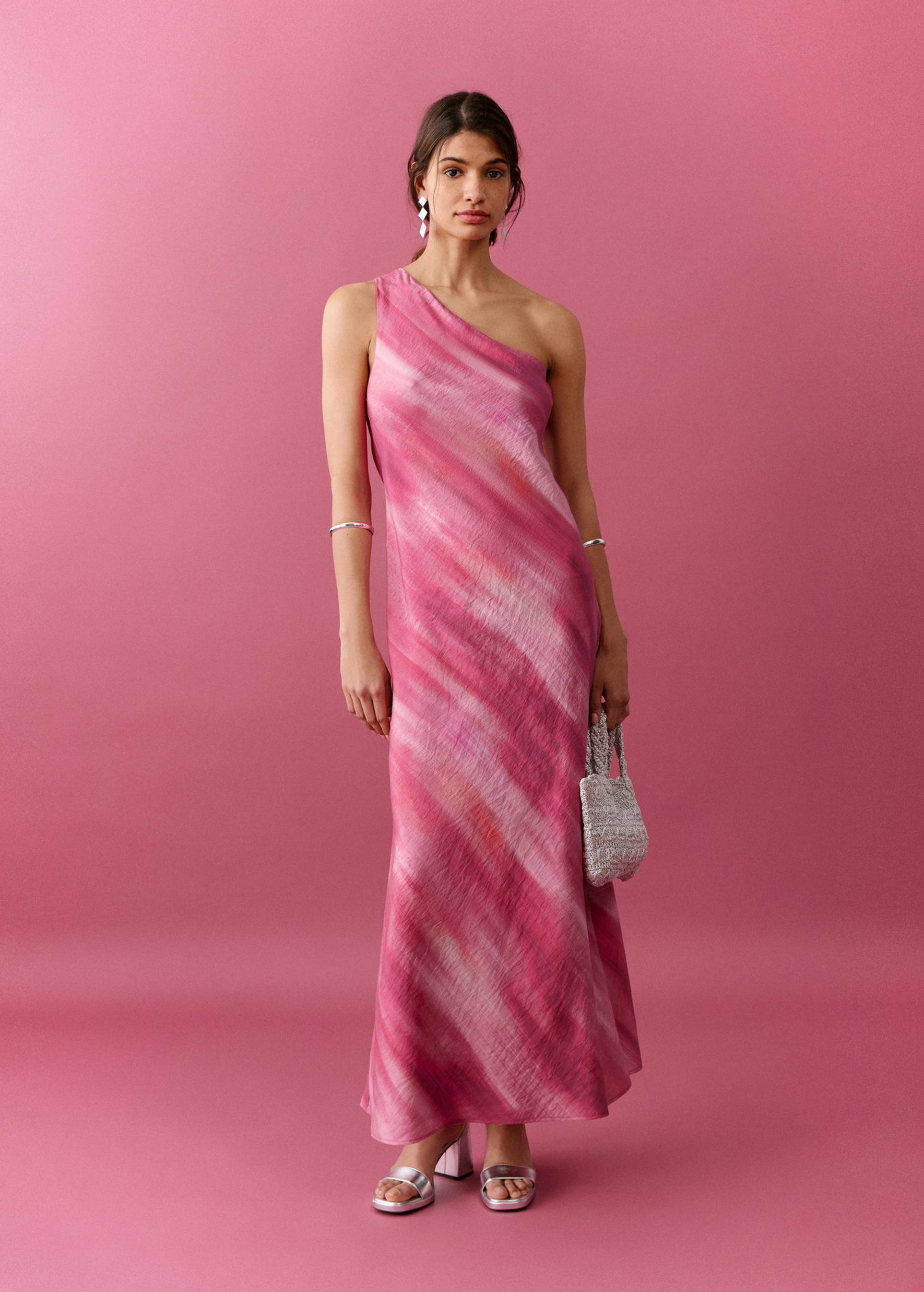 mango teen one-shoulder asymmetric hem maxi dress in pink print