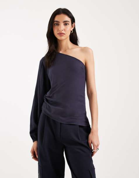 Mango Teen one shoulder long sleeve top in navy