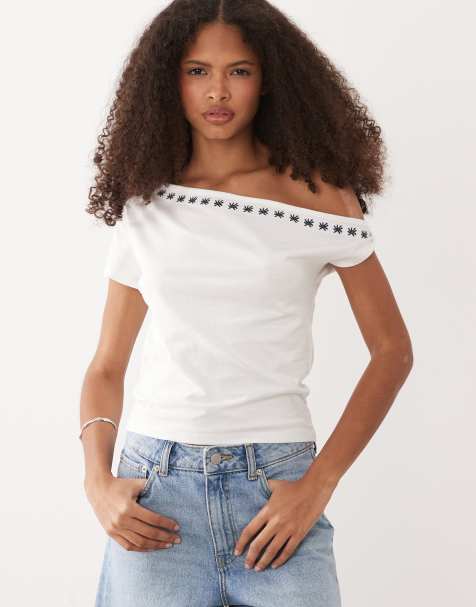 Mango Teen one shoulder top with embroidery in white - view 1