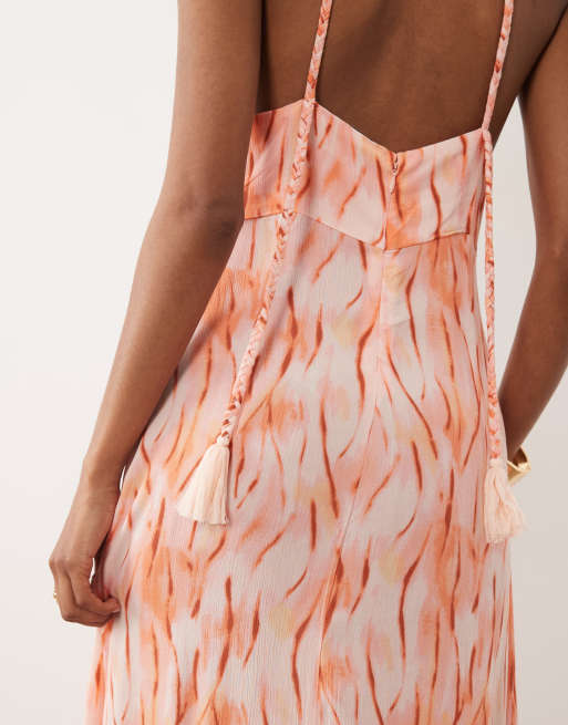 Mango – Teen – Orange, mönstrad maxiklänning med halterneck, 3 av 4
