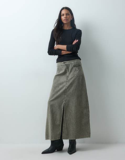 Mango Teen pocket detial maxi skirt in khaki - view 1