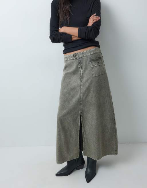 Mango Teen pocket detial maxi skirt in khaki, 3 of 5