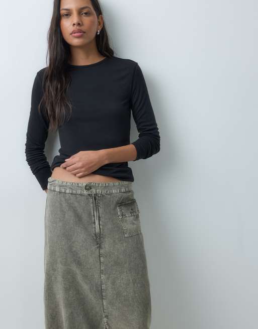 Mango Teen pocket detial maxi skirt in khaki, 4 of 5
