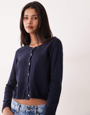 Mango Teen pointelle knit cardigan in navy