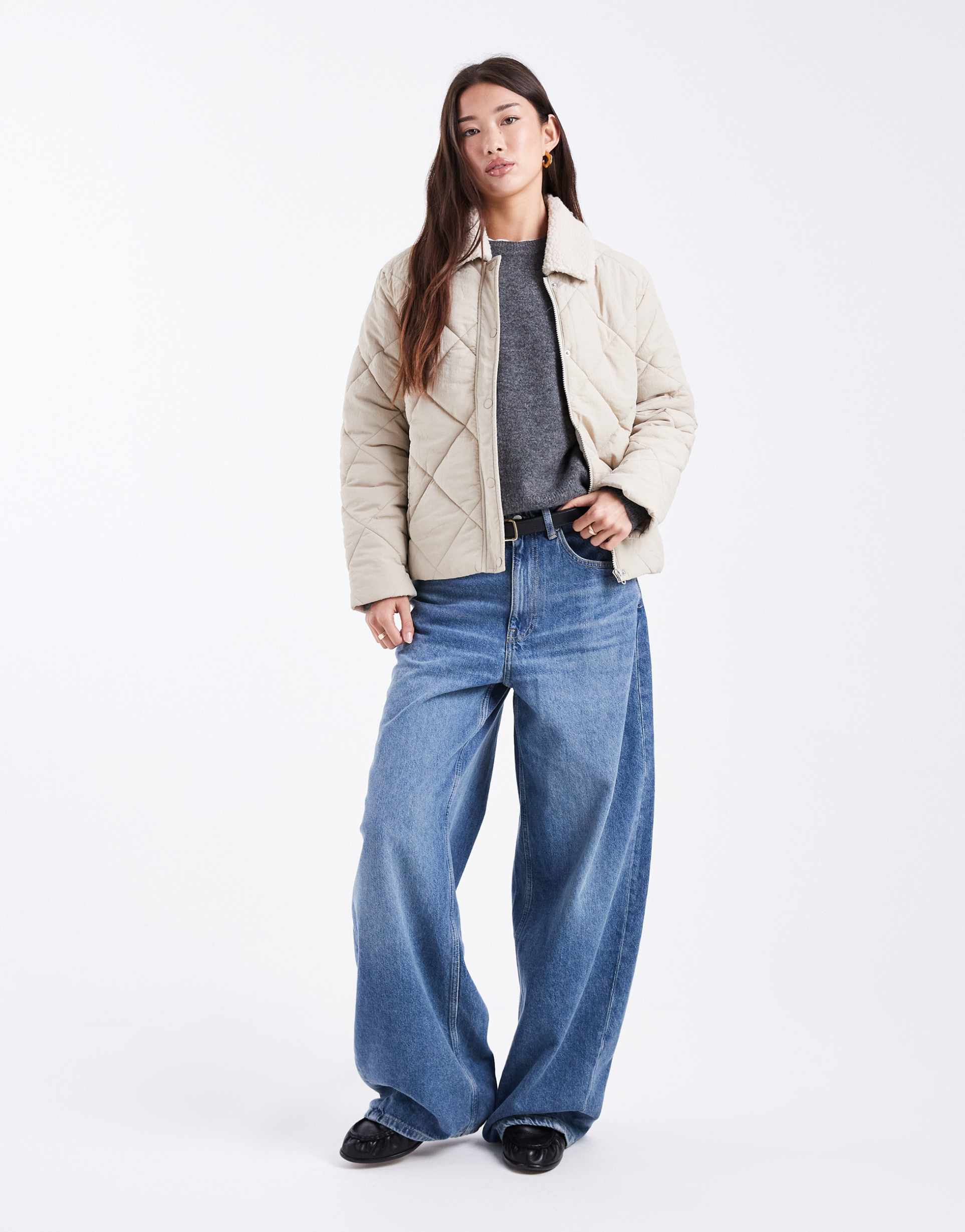 mango teen quilted jacket with faux shearling collar in ecru