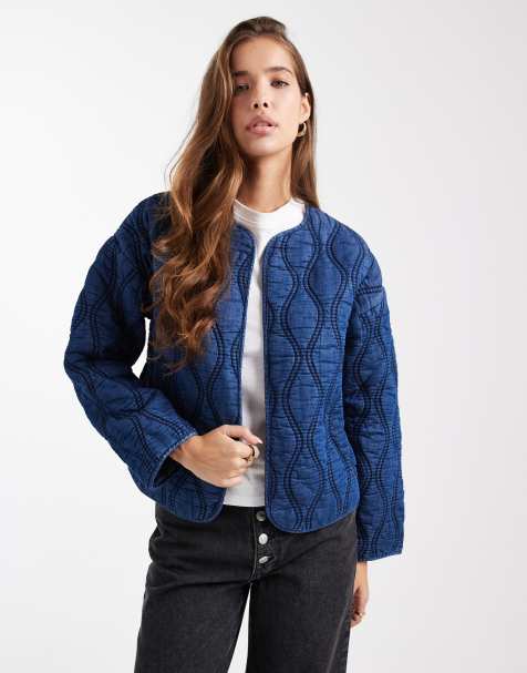 Mango Teen quited washed denim jacket in mid blue  - view 1