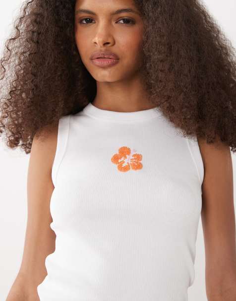 Mango – Teen – Racer-Trägertop in Weiß mit Perlenblumen-Detail - view 1
