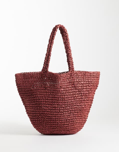 Mango Teen raffia tote bag in deep red - view 1