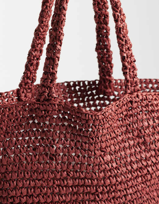 Mango Teen raffia tote bag in deep red | ASOS