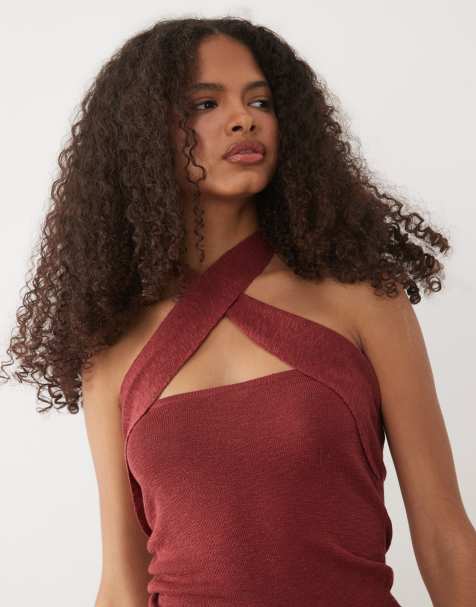 Mango - Teen - Rød strikket top med halterneck og krydsende design foran - view 1