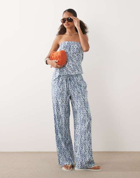 Mango - Teen - Rechte broek met gestrikte taille in blauwe print, deel van co-ord set - view 1