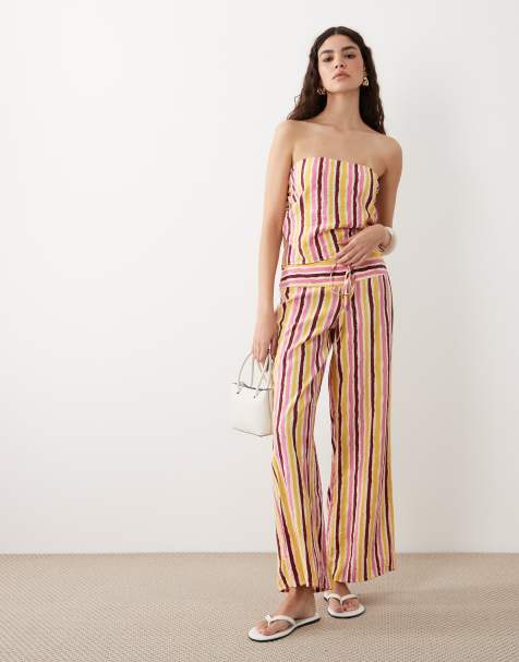 Mango - Teen - Rechte gestreepte broek met gestrikte taille in geel, deel van co-ord set - view 1