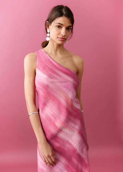 Mango – Teen – Rosa, mönstrad, enaxlad maxiklänning med asymmetrisk fåll, 2 av 4