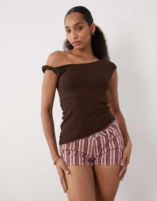 Mango – Teen – Rosa och brunrandiga mikroshorts i 100% bomullsdenim, 3 av 5