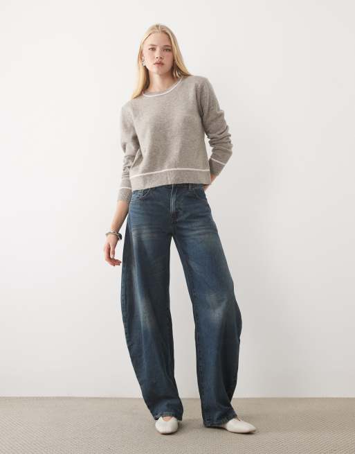 Mango Teen round neck knitted jumper with contrast tipping in beige, 3 of 4