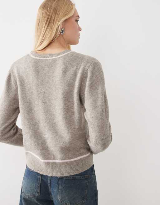 Mango Teen round neck knitted jumper with contrast tipping in beige, 4 of 4