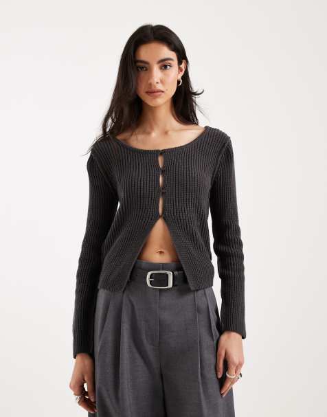Mango Teen round neck knitted top in charcoal - view 1