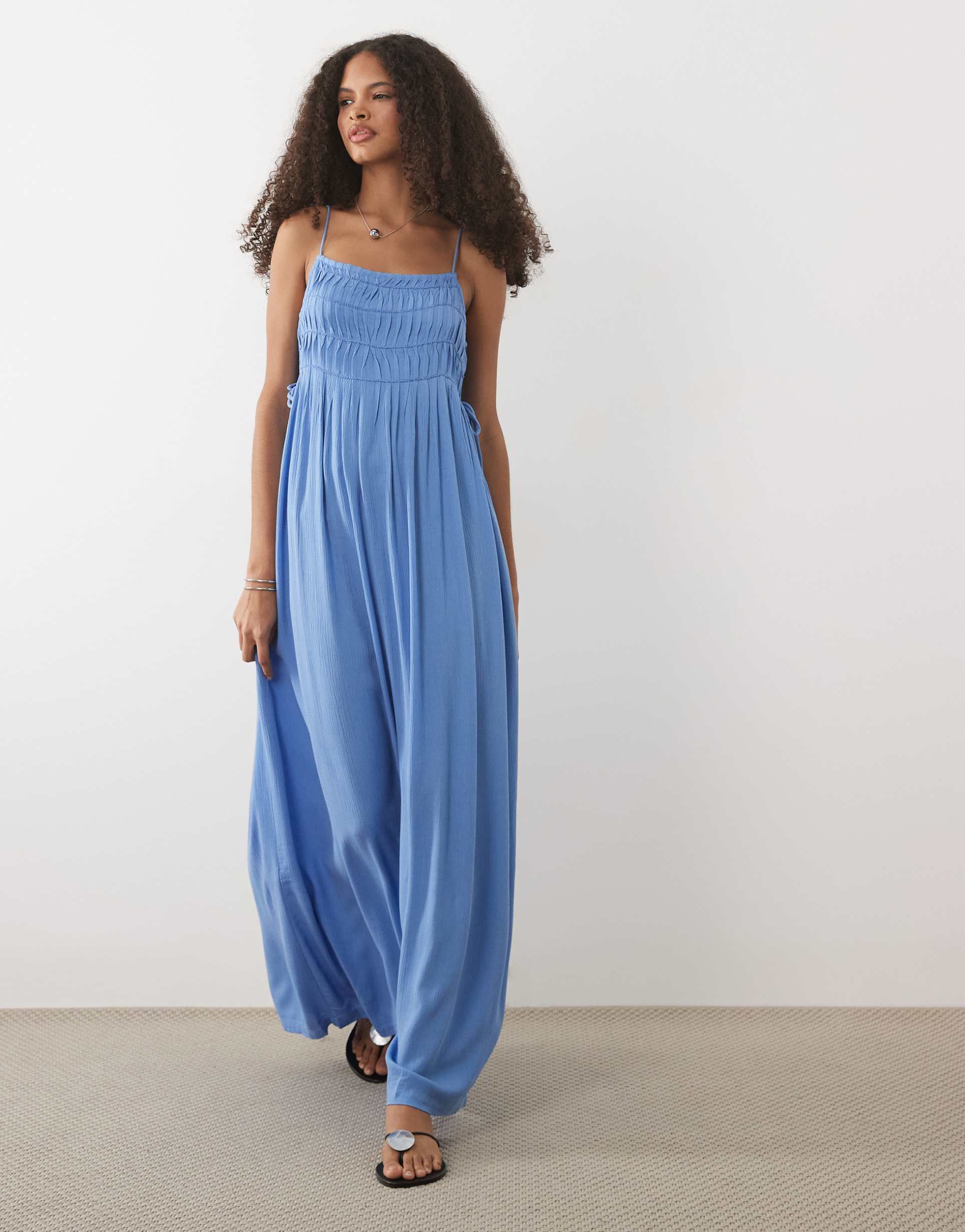 mango teen ruched strappy maxi dress in light blue