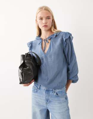 Mango Teen Ruffle Blouse In Blue