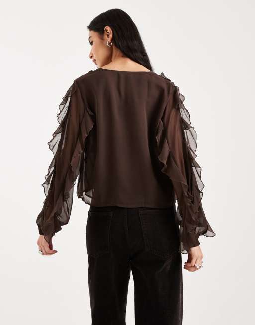 Mango Teen ruffle long sleeve blouse in brown, 2 of 4