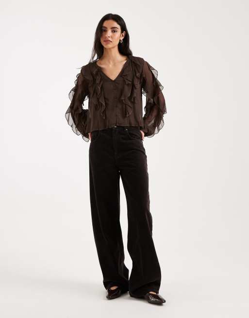 Mango Teen ruffle long sleeve blouse in brown, 3 of 4