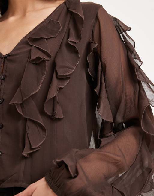 Mango Teen ruffle long sleeve blouse in brown, 4 of 4