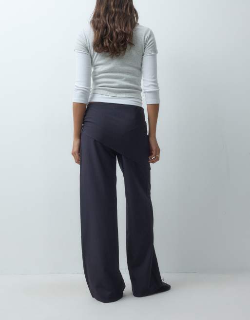 Mango Teen scarf detail straight trouser in navy, 3 of 5