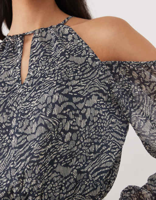 Mango – Teen – Schulterfreies Minikleid in Marineblau mit Rüschen und Blumenmuster, 3 von 4