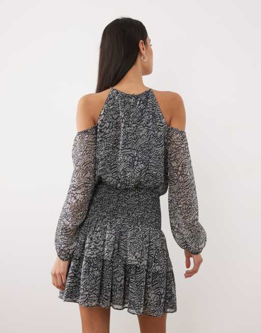Mango – Teen – Schulterfreies Minikleid in Marineblau mit Rüschen und Blumenmuster, 4 von 4
