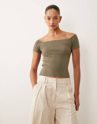 Mango - Teen - Schulterfreies Oberteil in Khaki-Grün